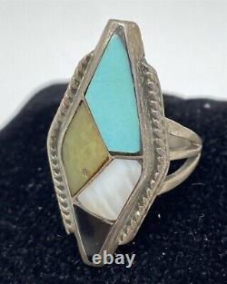 Bague ancienne en argent sterling fait main avec turquoise, onyx et perle incrustés, style Navajo - Vtg