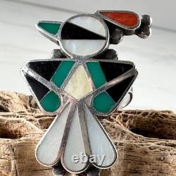 Bague d'oiseau amérindienne Zuni vintage précoce incrustée de turquoise, pierre à pipe, M