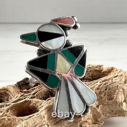 Bague d'oiseau amérindienne Zuni vintage précoce incrustée de turquoise, pierre à pipe, M