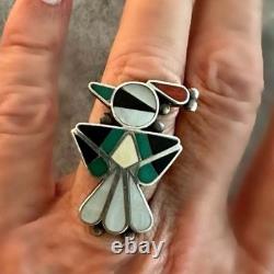 Bague d'oiseau amérindienne Zuni vintage précoce incrustée de turquoise, pierre à pipe, M