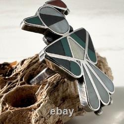 Bague d'oiseau amérindienne Zuni vintage précoce incrustée de turquoise, pierre à pipe, M