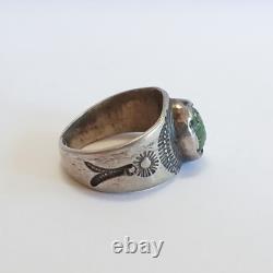 Bague en argent navajo vintage précoce avec turquoise verte, taille 5