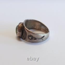 Bague en argent navajo vintage précoce avec turquoise verte, taille 5