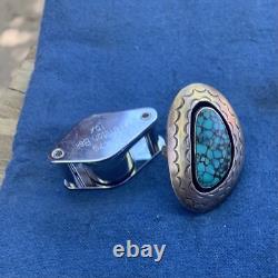 Bague en argent sterling Mid Century Moderniste Navajo de Henry Sam avec turquoise en toile d'araignée