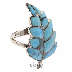 Bague en argent sterling exquise avec incrustation de feuille de turquoise navajo ancienne, taille 6