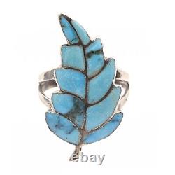 Bague en argent sterling exquise avec incrustation de feuille de turquoise navajo ancienne, taille 6