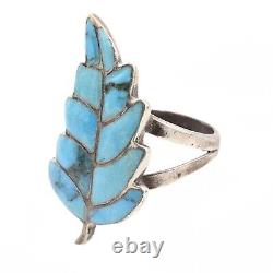 Bague en argent sterling exquise avec incrustation de feuille de turquoise navajo ancienne, taille 6