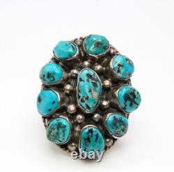 Bague imposante en argent sterling Early Navajo avec un cluster de turquoise de Kingman estampillée DY