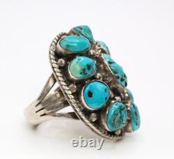 Bague imposante en argent sterling Early Navajo avec un cluster de turquoise de Kingman estampillée DY