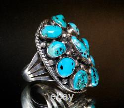 Bague imposante en argent sterling Early Navajo avec un cluster de turquoise de Kingman estampillée DY