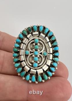 Bague longue en argent sterling Zuni ancien avec clusters de turquoise petit point 1.5