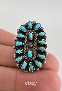 Bague longue en argent sterling Zuni vintage précoce avec clusters de turquoise Petit Point 1.5