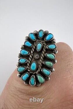 Bague longue en argent sterling Zuni vintage précoce avec clusters de turquoise Petit Point 1.5