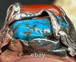 Bague serpent en argent sterling, turquoise et corail Zuni Dan Simplicio, grande taille rare 14+