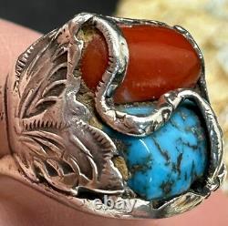 Bague serpent en argent sterling, turquoise et corail Zuni Dan Simplicio, grande taille rare 14+