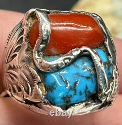 Bague serpent en argent sterling, turquoise et corail Zuni Dan Simplicio, grande taille rare 14+