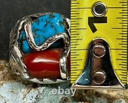 Bague serpent en argent sterling, turquoise et corail Zuni Dan Simplicio, grande taille rare 14+