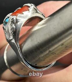 Bague serpent en argent sterling, turquoise et corail Zuni Dan Simplicio, grande taille rare 14+