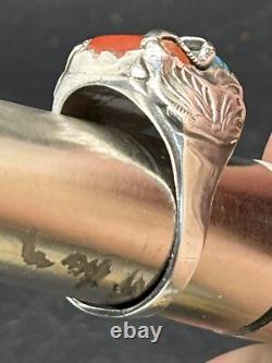 Bague serpent en argent sterling, turquoise et corail Zuni Dan Simplicio, grande taille rare 14+