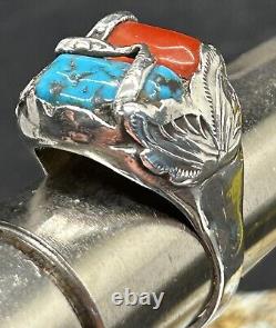 Bague serpent en argent sterling, turquoise et corail Zuni Dan Simplicio, grande taille rare 14+