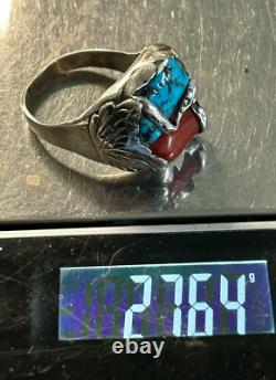 Bague serpent en argent sterling, turquoise et corail Zuni Dan Simplicio, grande taille rare 14+