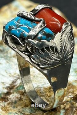 Bague serpent en argent sterling, turquoise et corail Zuni Dan Simplicio, grande taille rare 14+
