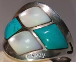 Bague vintage des années 70 Navajo à thème 4x turquoise et perle taille 10,5