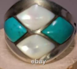 Bague vintage des années 70 Navajo à thème 4x turquoise et perle taille 10,5