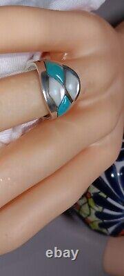 Bague vintage des années 70 Navajo à thème 4x turquoise et perle taille 10,5