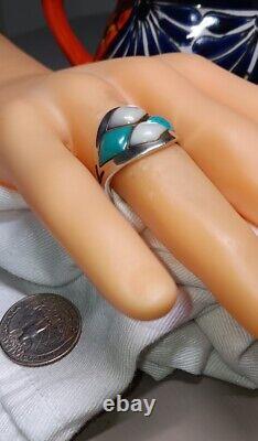 Bague vintage des années 70 Navajo à thème 4x turquoise et perle taille 10,5