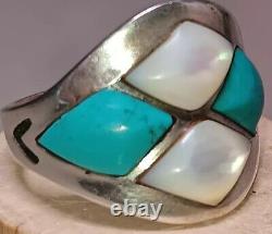 Bague vintage des années 70 Navajo à thème 4x turquoise et perle taille 10,5