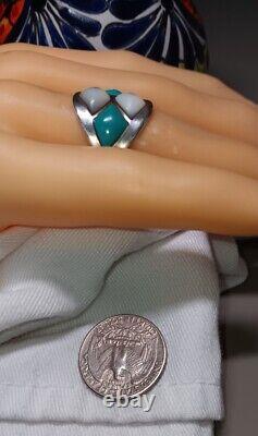 Bague vintage des années 70 Navajo à thème 4x turquoise et perle taille 10,5