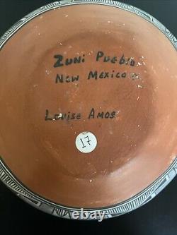 Bol Zuni Pueblo ancien de Louise Amos du début du siècle avec cerf polychrome et fleur Heartline