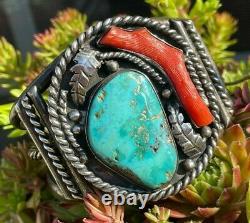 Bold Early Old Pawn Turquoise & Coral Amérindian Bracelet Rope Leaves Cuff