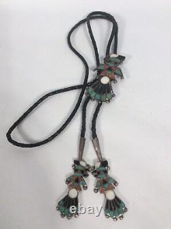 Bolo Tie d'oiseau en corail turquoise en argent sterling des premiers Amérindiens Zuni