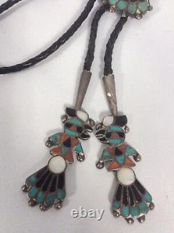 Bolo Tie d'oiseau en corail turquoise en argent sterling des premiers Amérindiens Zuni