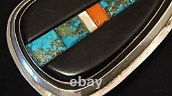 Boucle de ceinture en argent sterling Navajo Early Fidel Bahe avec incrustations en plusieurs pierres - 57 grammes