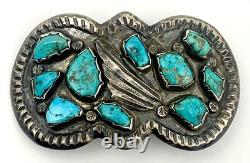 Boucle de ceinture en argent sterling Navajo vintage précoce, faite à la main, avec turquoise en sertissage.