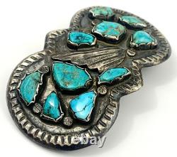 Boucle de ceinture en argent sterling Navajo vintage précoce, faite à la main, avec turquoise en sertissage.