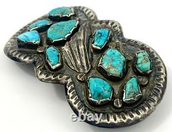Boucle de ceinture en argent sterling Navajo vintage précoce, faite à la main, avec turquoise en sertissage.