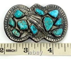 Boucle de ceinture en argent sterling Navajo vintage précoce, faite à la main, avec turquoise en sertissage.