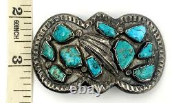 Boucle de ceinture en argent sterling Navajo vintage précoce, faite à la main, avec turquoise en sertissage.