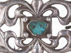 Boucle de ceinture précoce en tufa coulé en argent sterling avec turquoise amérindienne