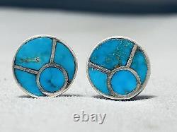 Boucles D'oreilles En Argent Sterling Inlay Zuni Turquoise Vintage Tôt Et Très Rare