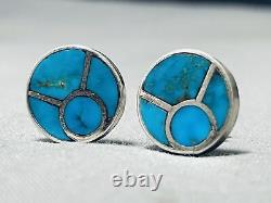 Boucles D'oreilles En Argent Sterling Inlay Zuni Turquoise Vintage Tôt Et Très Rare
