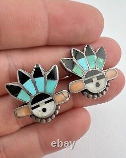 Boucles d'oreilles Kachina Sunface en argent sterling Zuni avec turquoise et corail précoce