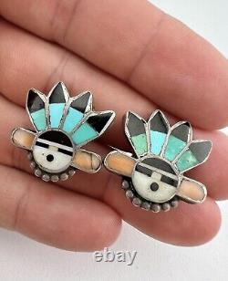 Boucles d'oreilles Kachina Sunface en argent sterling Zuni avec turquoise et corail précoce