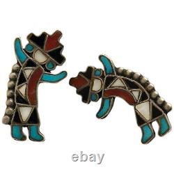 Boucles d'oreilles à vis du début des années 1940 Zuni Rainbowman Multistone Channel Inlay