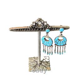 Boucles d'oreilles pendantes en argent sterling Zuni turquoise rares et anciennes Amérindiennes