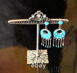 Boucles d'oreilles pendantes en argent sterling Zuni turquoise rares et anciennes Amérindiennes